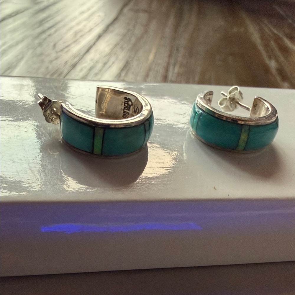 Silver and Turquoise Hoop Earrings - Picture 2 of 7